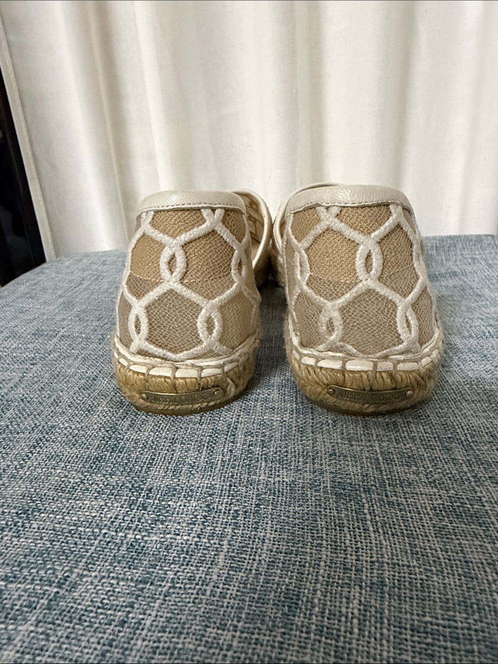 Jimmy Choo Beige Espadrille Slip-Ons with White Chain Pattern - Picture 3 of 4